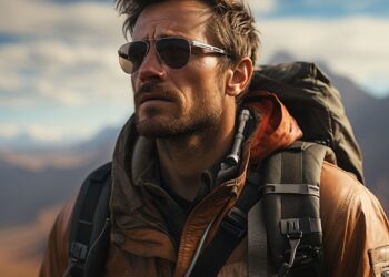 Rugged man with sunglasses and backpack hiking in mountainous terrain