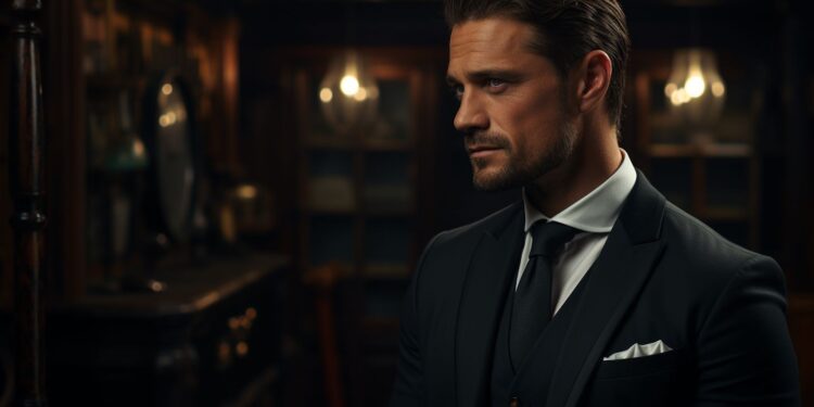 Man in dark suit with pocket square in dimly lit wood-paneled room