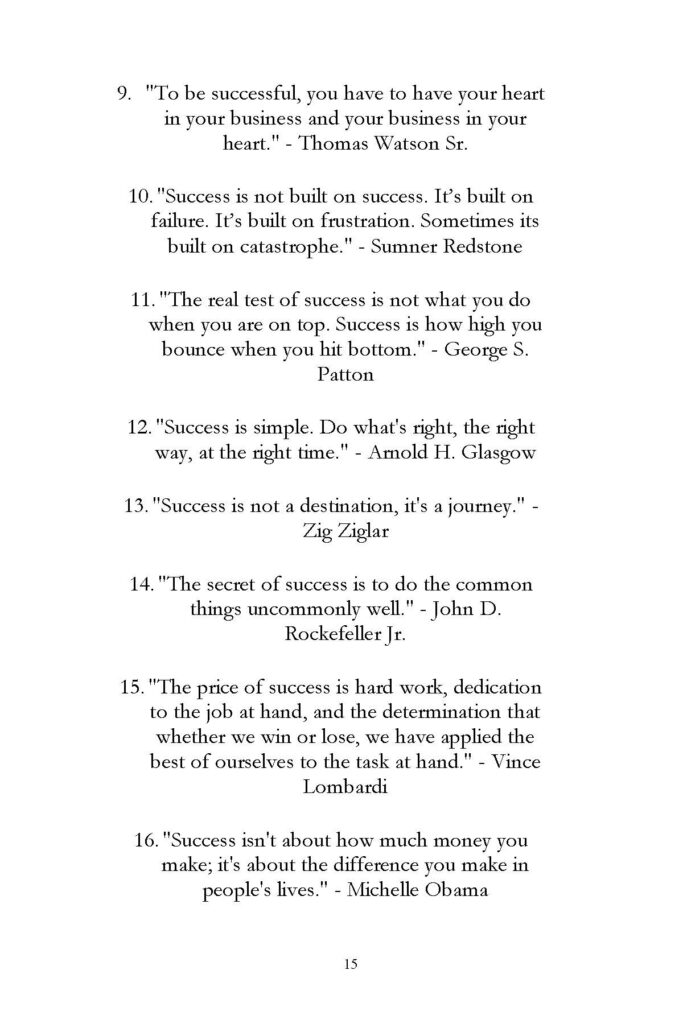 Book page with success quotes numbered 9 through 16
