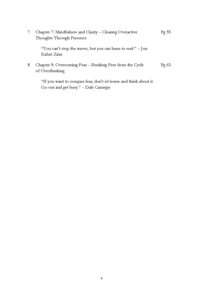 Table of contents continuation listing chapters 7 through 8 with quotes