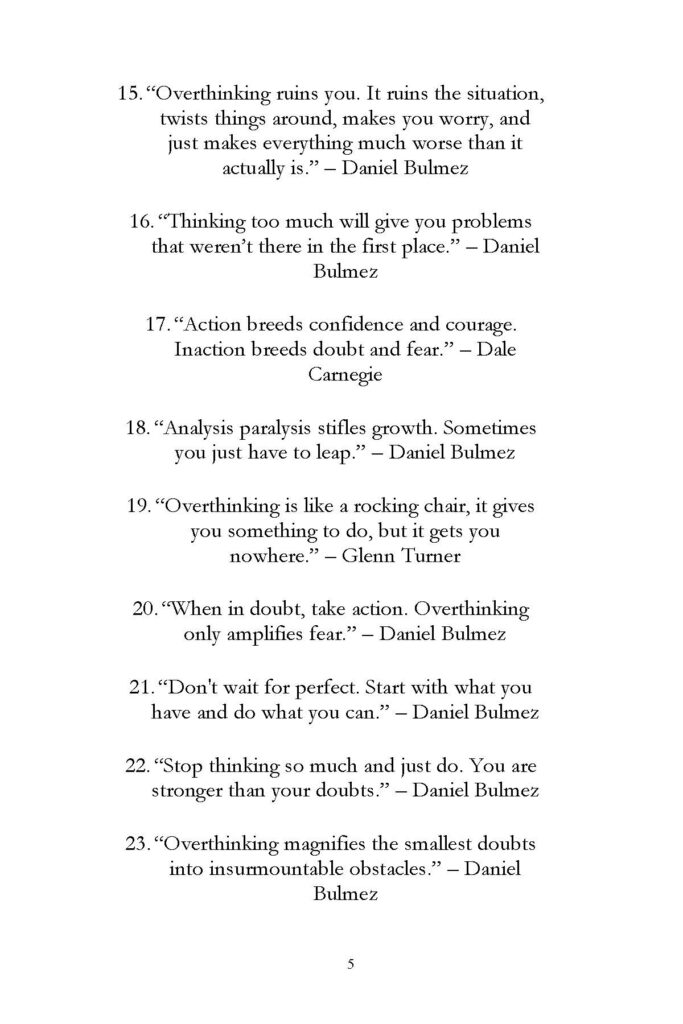 Book page with numbered overthinking quotes 15 through 23