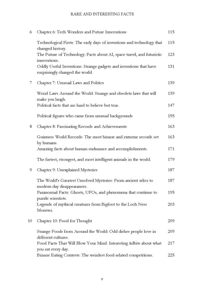 Table of contents page for Rare and Interesting Facts chapters 6 through 10