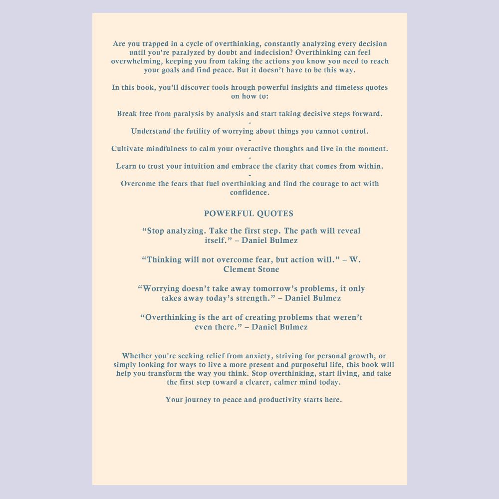 Book back cover with quotes about overthinking and personal growth