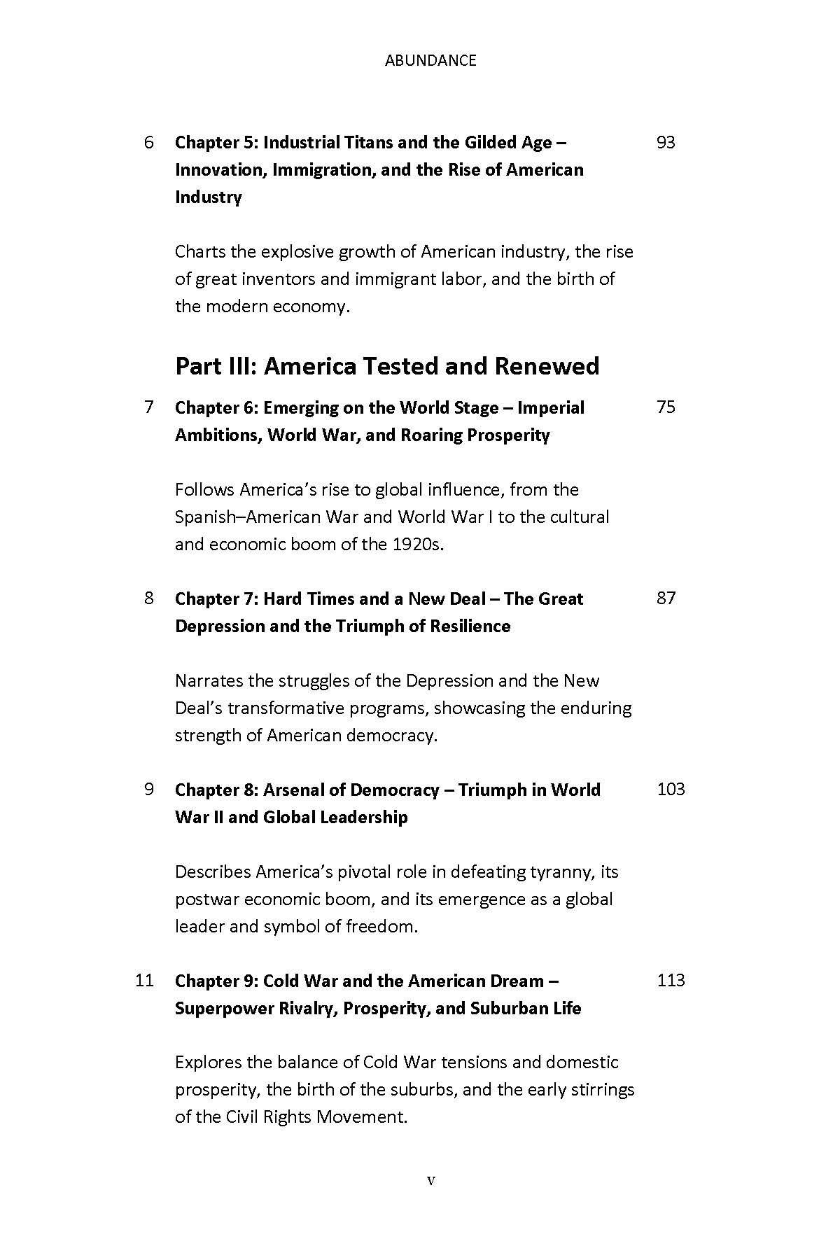 Contents page from Abundance listing chapters 5 through 9 covering industrialization through Cold War