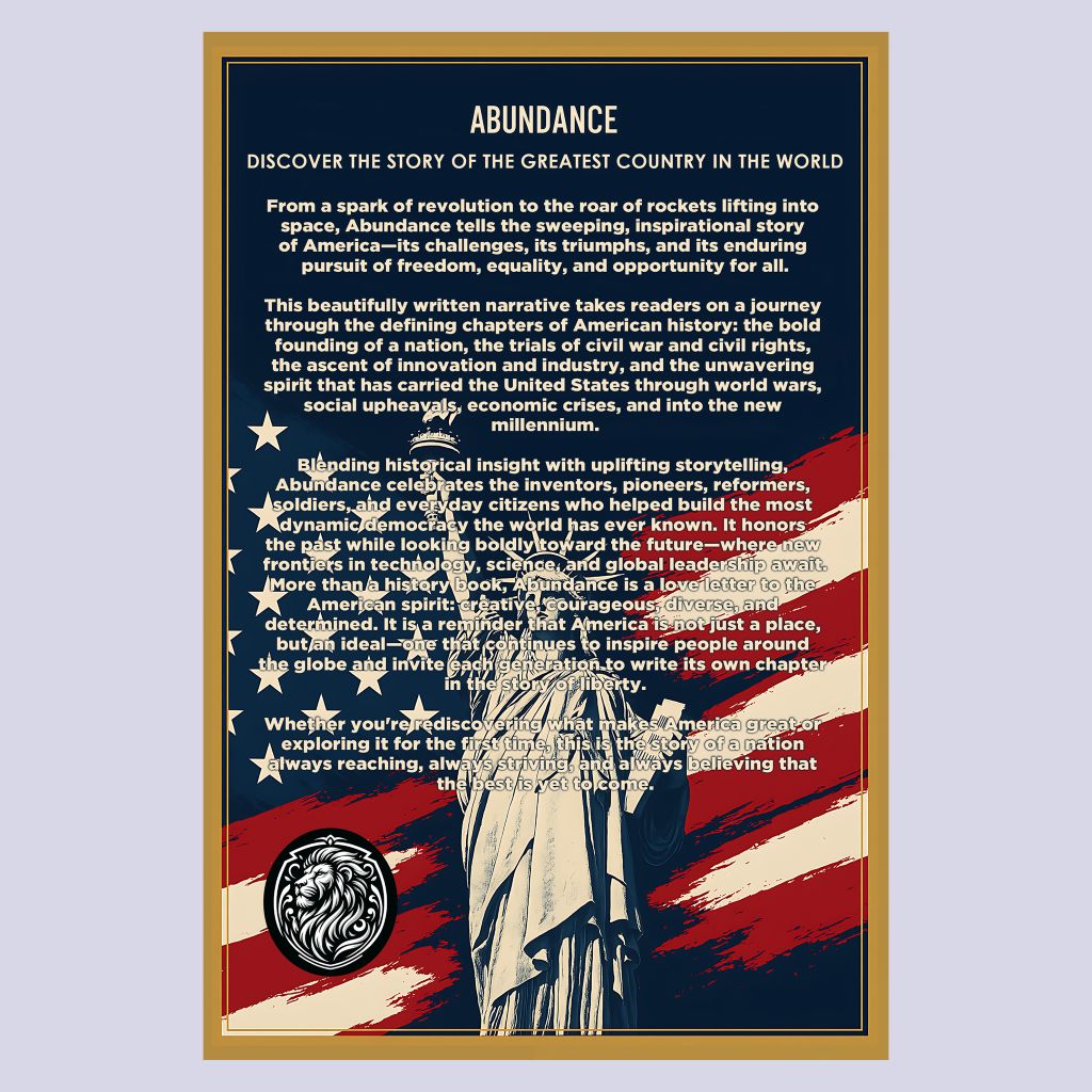 Back cover of Abundance with book description and patriotic imagery