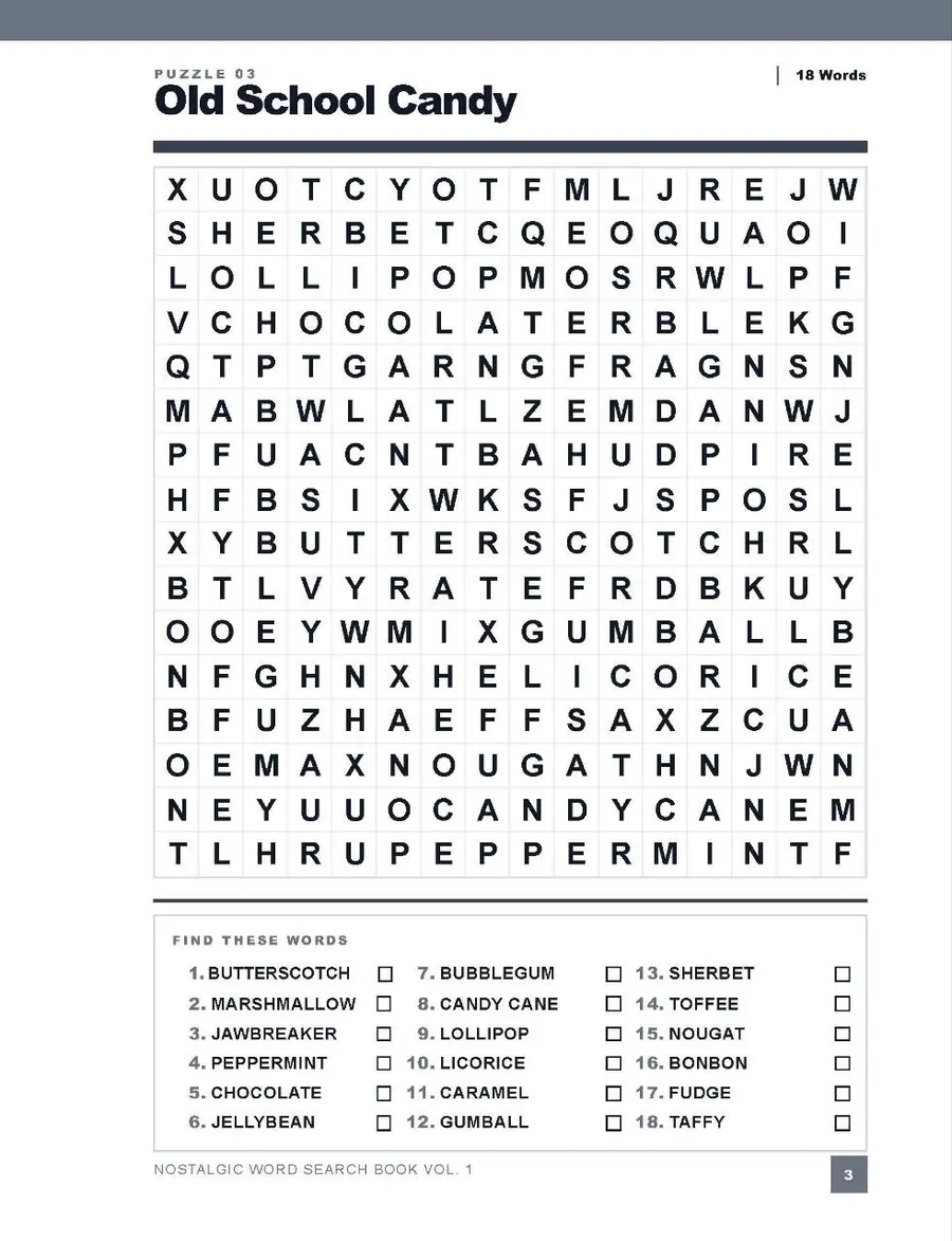 Look inside the Nostalgic Word Search - Old School Candy puzzle