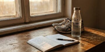 Early morning routine with running shoes, water bottle and an open notebook on a table by a sunlit window
