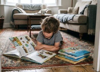 Young boy lying on a living room rug reading a large full-color illustrated question and answer book with a stack of colorful kids books beside him
